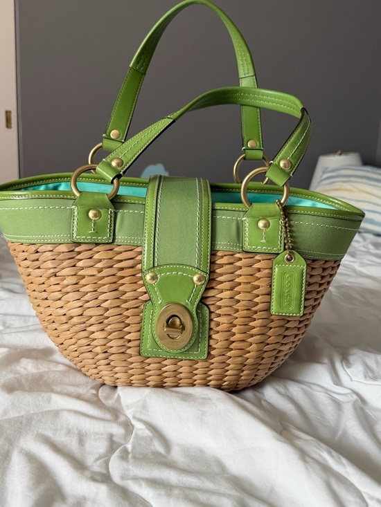 Coach Handbags - Coach Straw Tote with Lime Green Leather Trim